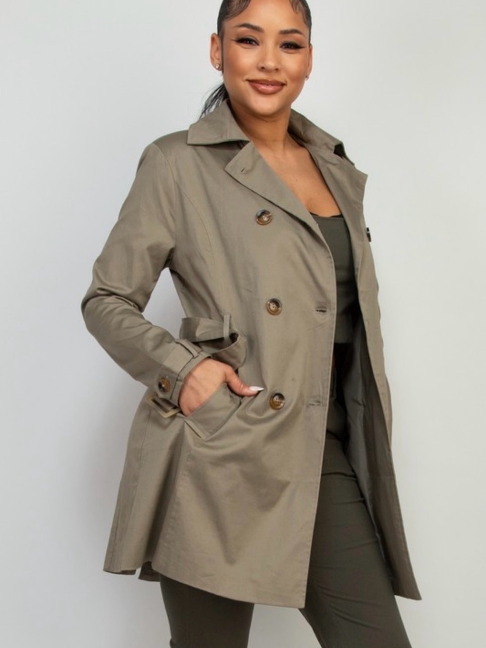 Women’s Olive Trench Coat - Classic Double-Breasted Jacket